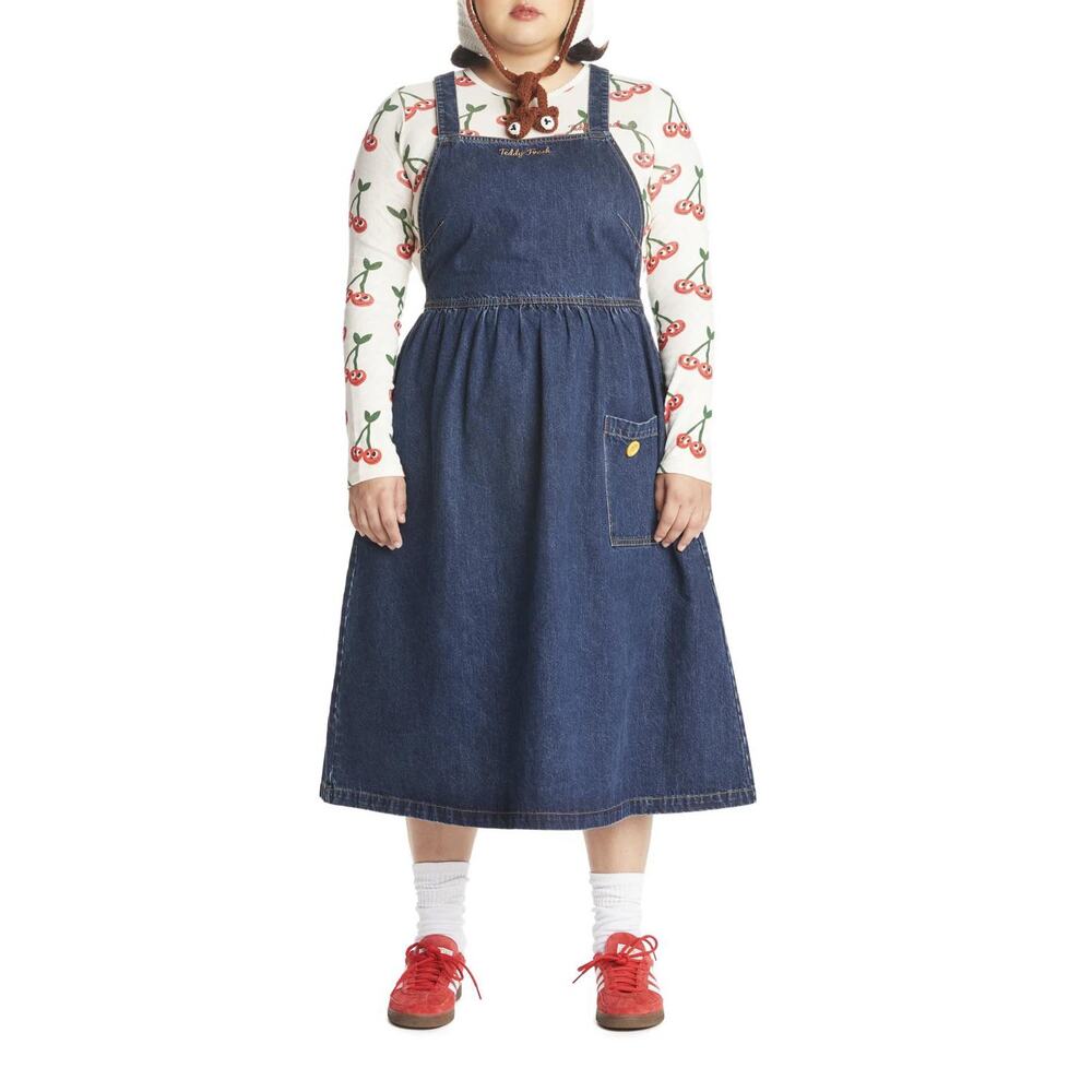 Teddy Fresh Button Apron Dress Denim Blue Patch Pocket Overall SZ S